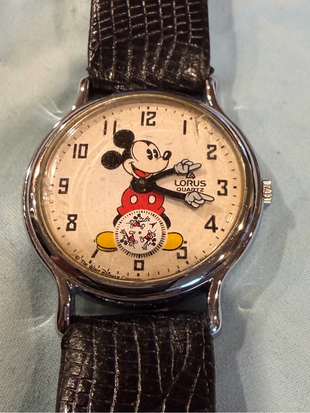Vintage Lorus Quartz Mickey Mouse Wristwatch - Black Strap, Red/Yellow Accents